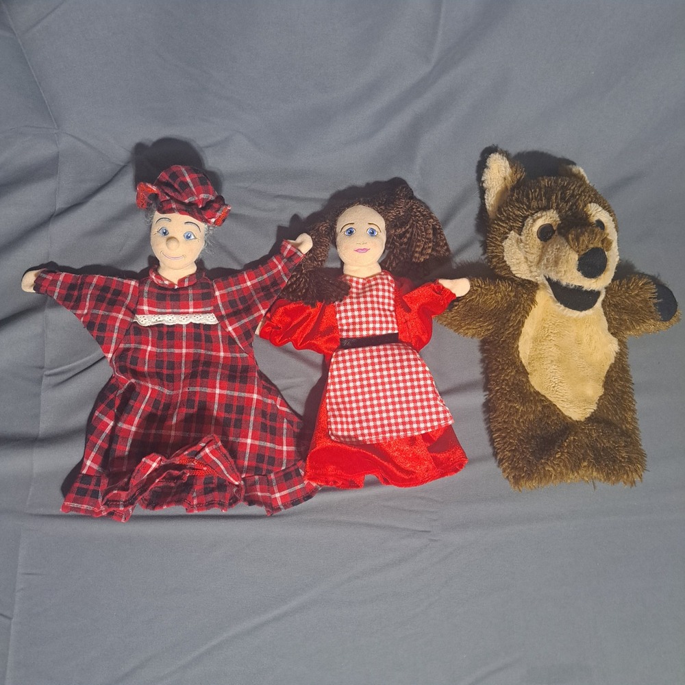 FAO Schwarz Hand Puppets Little Red Riding Hood Grandma‎ Wolf Set of 3 Fairytale